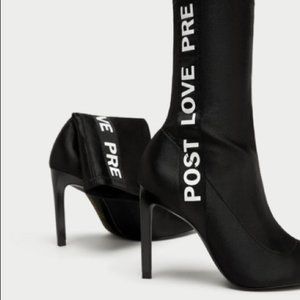 Sold 12/15 RARE ZARA SOCK-STYLE STRETCH SATIN STILETTO POINTY TOE BLACK BOOTIES